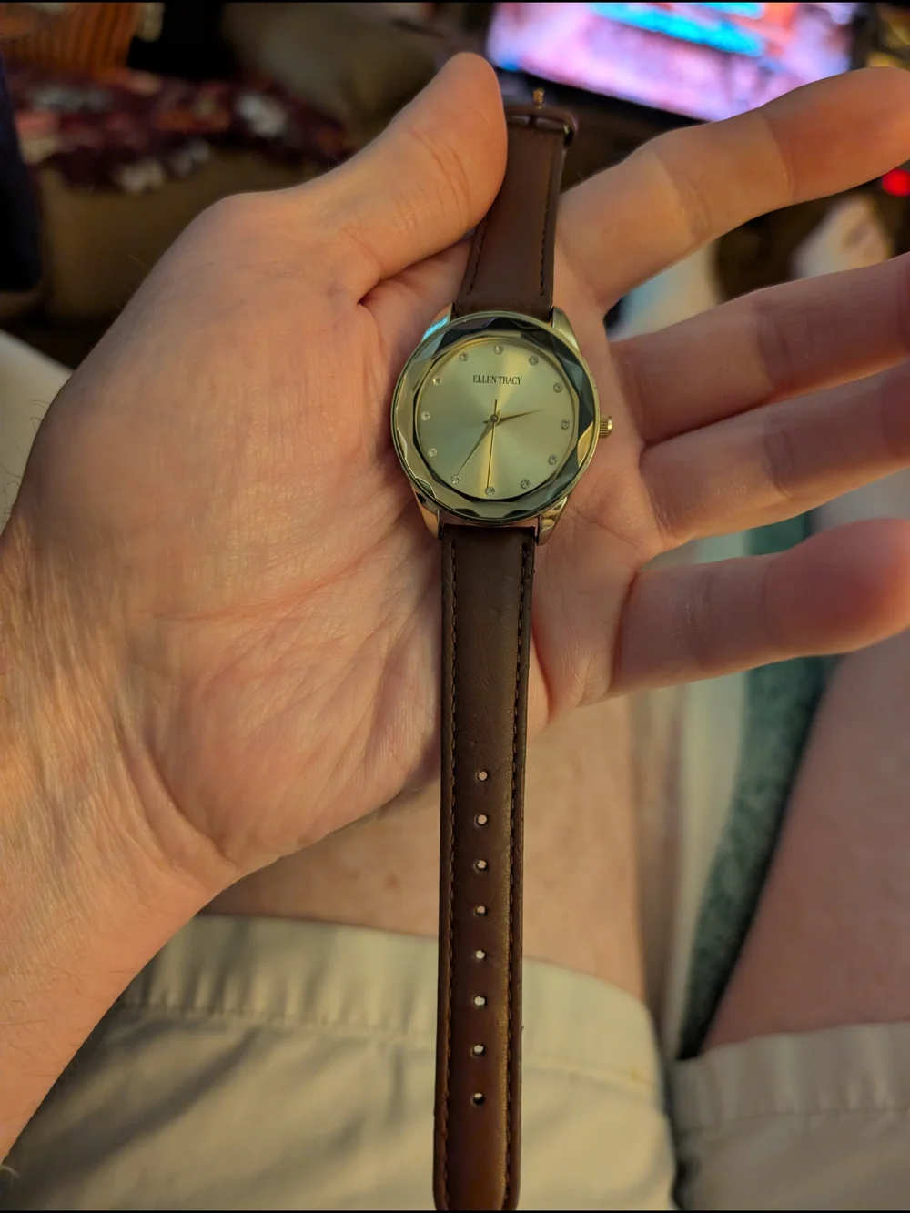 Vintage Ellen Tracy Women's Gold Dial Watch with Brown Leather Strap New Battery